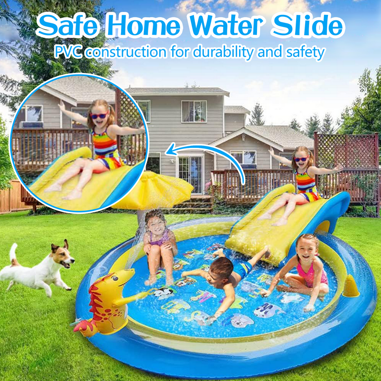 Richgv Dinosaur Splash Pad with Slide, Inflatable Sprinkler