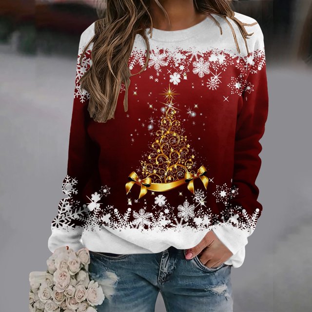 Chandails d'Automne d'Hiver Grande Taille pour Femmes Chandails de Noël pour Femmes Arbre de Noël Suéter Navideño Mujer Mignon Col Rond Chandails à Capuchon Amusants Rouge