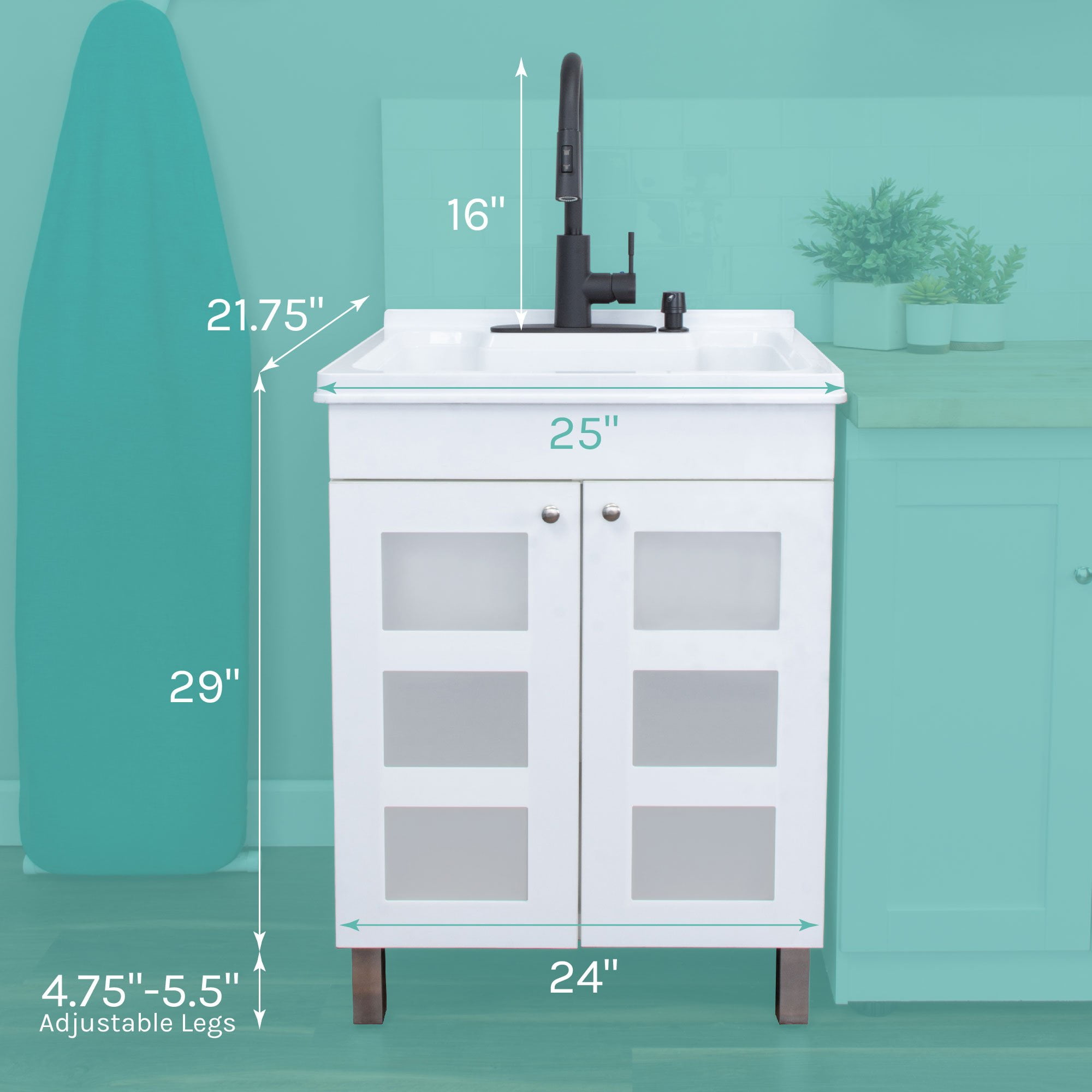 TEHILA White Utility Sink Laundry Vanity with Black Pull-Down Faucet and Soap Dispenser