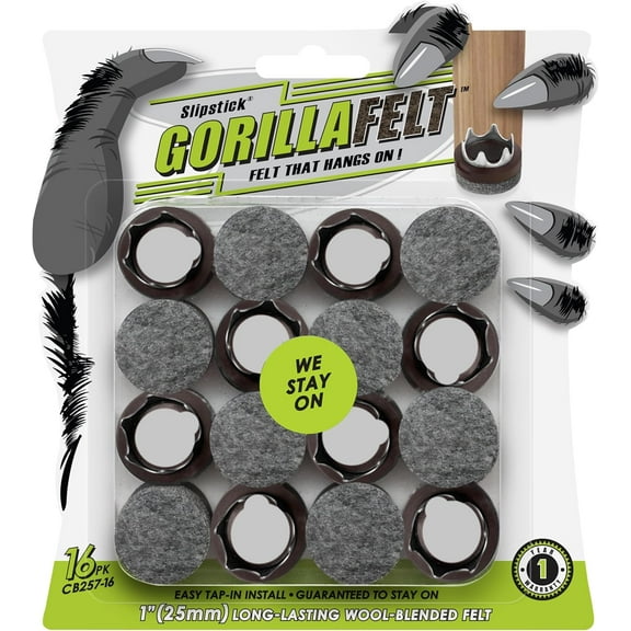 GorillaFelt Chair Leg Floor Protectors/Felt Chair Glides (Set of 16) Tap-On Felt Furniture Pads Guaranteed to Stay On, 1 Inch Round Chair Sliders
