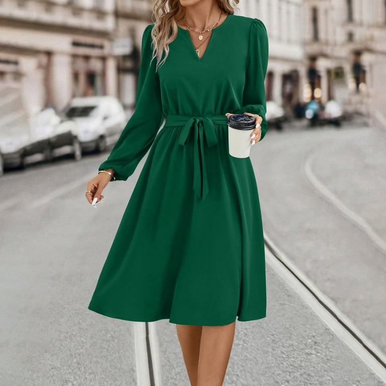 safuny Clearance Women's Mini A Line Dress Solid Satin Spring Elegant  Ruffle Tiered Hem Holiday Retro Fashion Long Sleeve Fall Dress High Neck  Green M - Walmart.com
