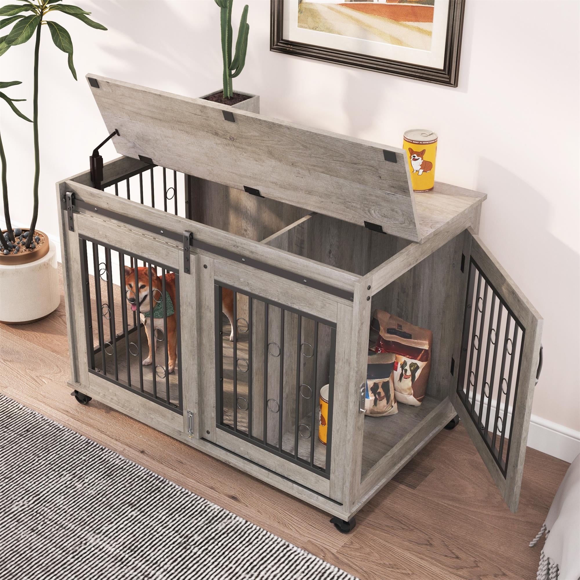 Pefilos 39" Dog Crate for Medium Dogs Sliding Door Wooden Dog Cage with Partition for Two Puppies Dog House Indoor, Gray Pefilos 39" Dog Crate for Medium Dogs Sliding Door Wooden Dog Cage with Partition for Two Puppies Dog House Indoor, Gray