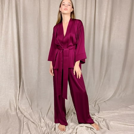 

DanceeMangoo Home Suit For Women Sleepwear Loose Flare Pants Three Quarter Sleeve Satin Robe Sets Bathrobe For Home Wear Fashion 2021
