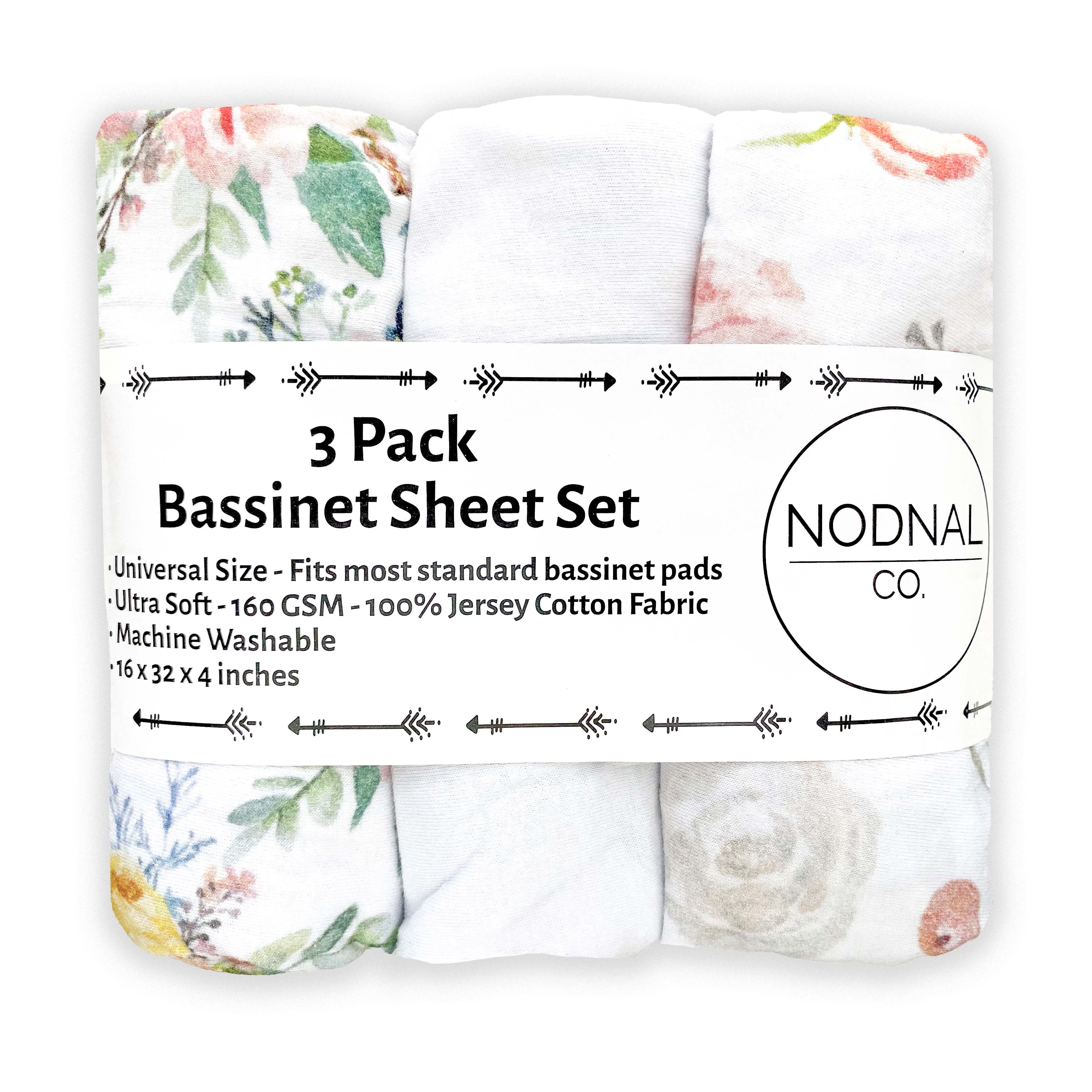 NODNAL CO. Pink Cotton Floral Bassinet Fitted Sheet Set, 3 Pieces, Peony and Eucalyptus Flowers, for Newborn Baby Girl Nursery Bedding