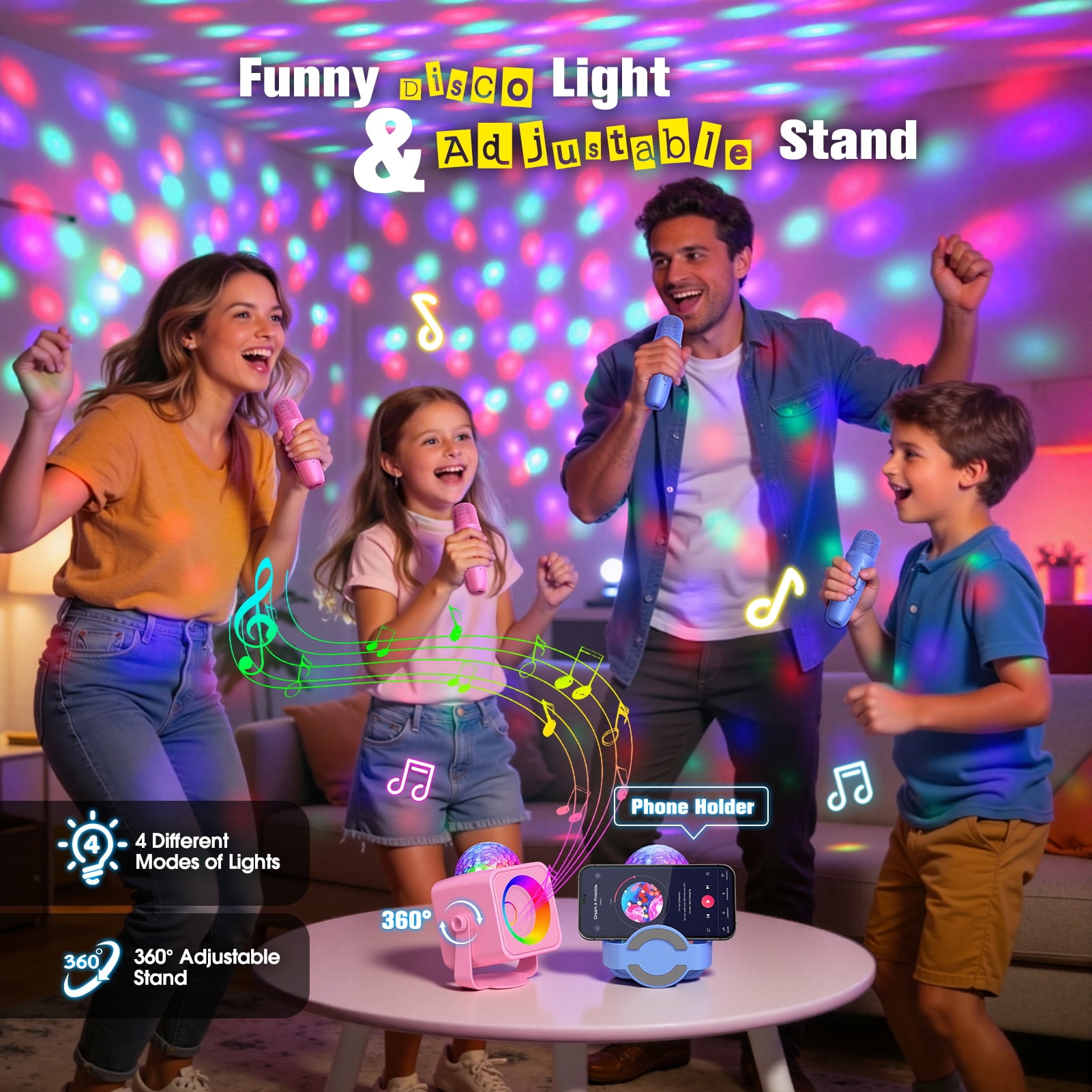 Karaoke Machine for Kids Adults, Portable Bluetooth Karaoke Speaker with 2 Wireless Microphones and Disco Party Lights, Mini Singing Toy Gift for Girls Boys Ages 4-12