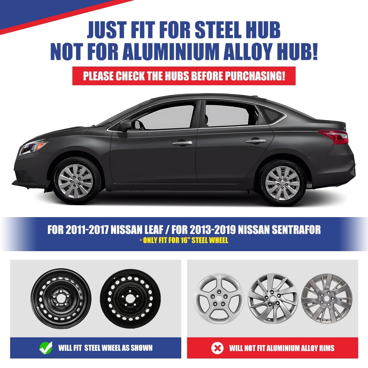 4 Pack 16" Hubcaps Wheel Rims Cover Fit for 2013-2019 Nissan Sentra & 2011-2017 Nissan Leaf Compatible with Steel Wheels,Snap on Installation,PP,Black Matte