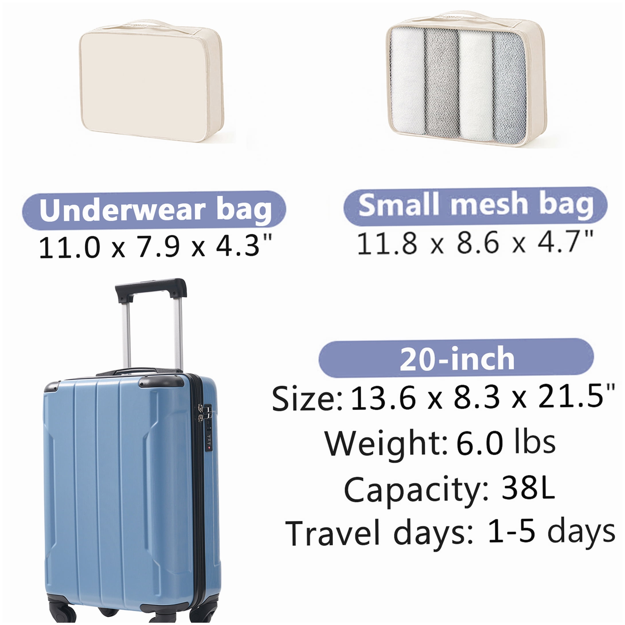 MANGIJOY TSA Lock Carry On Luggage 20 Inch, Lightweight Hardshell Spinner Suitcase with Packing Cubes, Durable ABS in Blue Gray