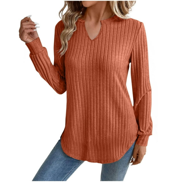BLVB Long Sleeve Shirts for Women V Neck Dressy Casual Sweaters Basic Ribbed Knit Fall Fashion Pullover Tunic Tops