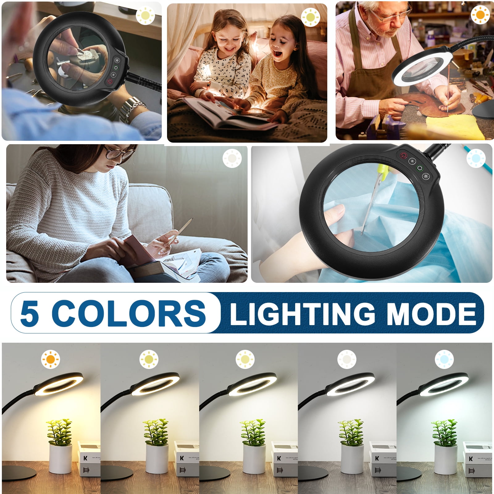 Lighted Magnifying Glass with Stand - Real Glass Lens, 5 Color Modes Dimmable, Flexible Gooseneck Hands-Free LED Desk Lamp for Crafts, Painting, Sewing & Close Work