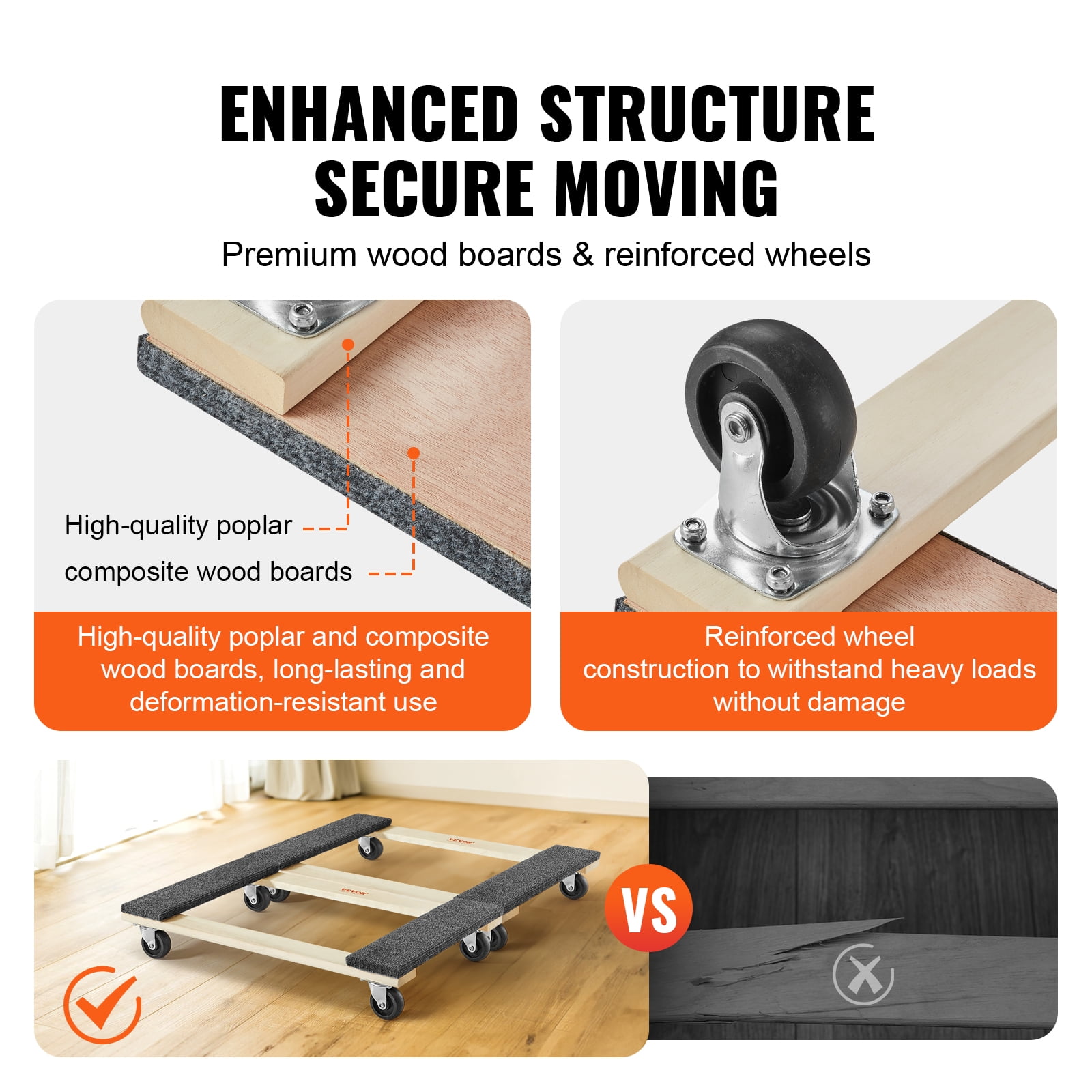 VEVOR Furniture Dolly, 1000 lbs Each Load Capacity,2 Packs, 18" x 30", 8 x 3" PP Swivel Casters,Heavy Duty Hardwood Furniture Moving Dolly,Mover's Dolly, Moving Cart with Wheels for Heavy Furniture