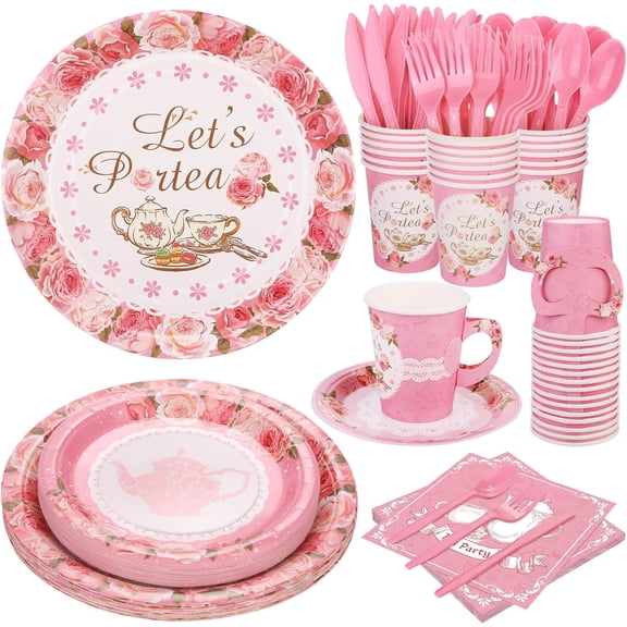 192 Pcs Tea Party Tableware Sets Disposable Let's Partea Party Supplies Plates Cups Napkins Cutlery Serves 24 with Teacups and Saucers Sets for Birthday Wedding Baby Shower Party Decorations