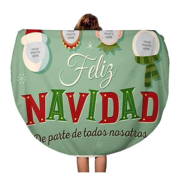 KDAGR 60 inch Round Beach Towel Blanket Vintage Family Spirit Christmas in Spanish Feliz Navidad De Travel Circle Circular Towels Mat Tapestry Beach Throw