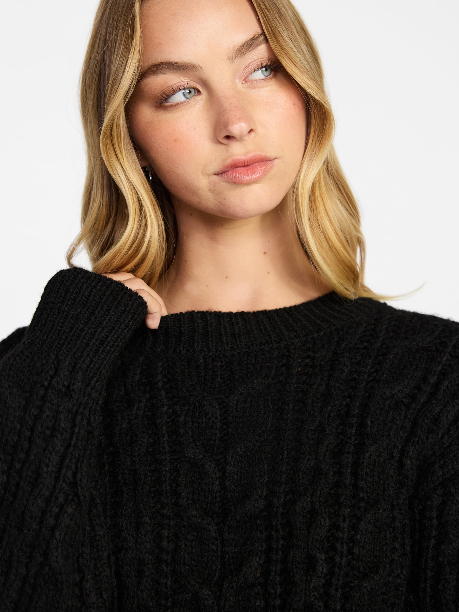 No Boundaries Cable Crewneck Drop Shoulder Sweater, Midweight, Women's XXS-XXL