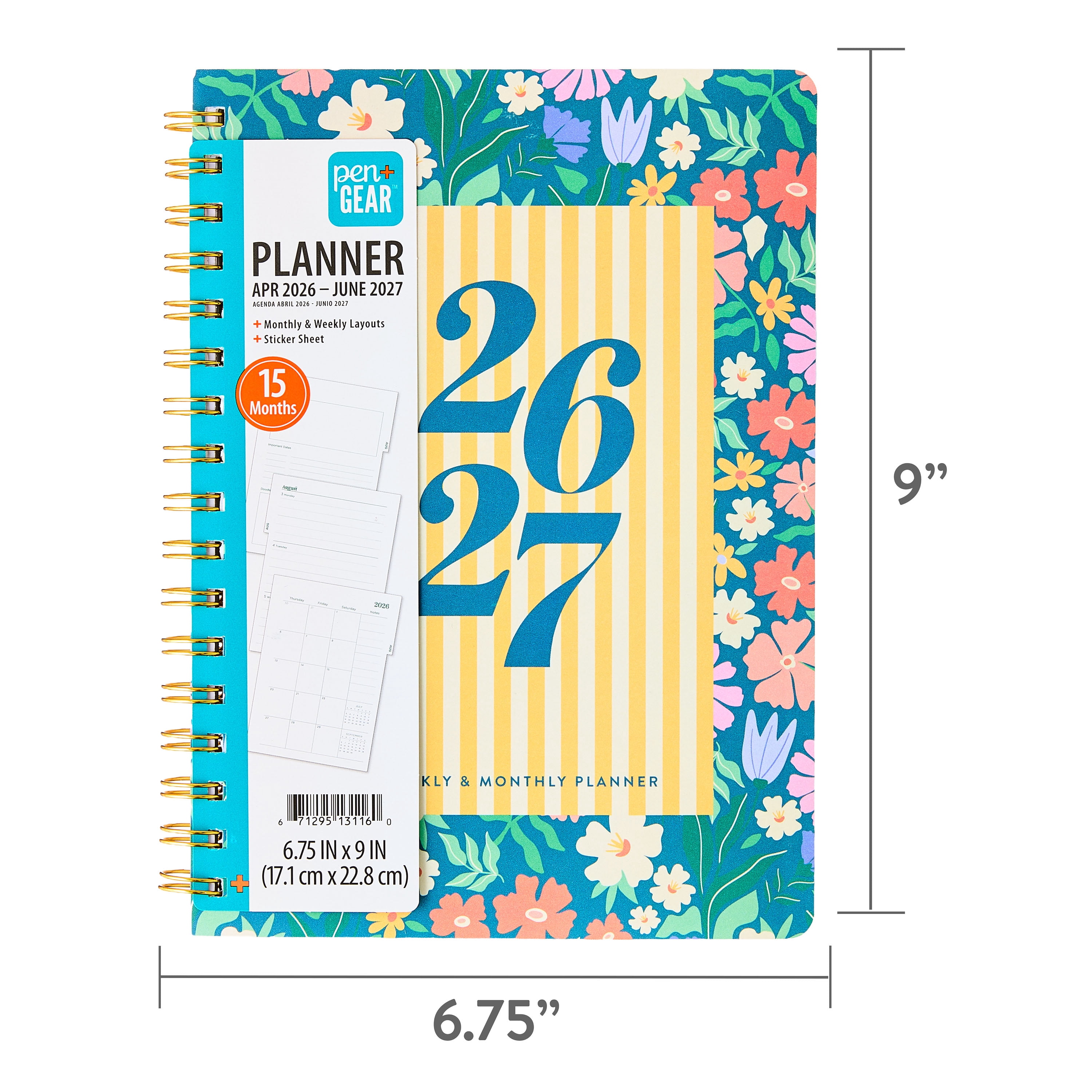 Pen+Gear 15-Month Monthly/Weekly Planner, 6.75" x 9", Multicolor Floral, April 2026-June 2027