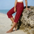 thumbnail image 4 of DLIDG Cotton Linen Capri Shorts for Women Elastic Waist Petite Capris Casual Straight Leg Pants with Pockets Bermuda Button Casual Shorts Knee Length Loose Slacks Beach Vacation Trousers Wine S, 4 of 6
