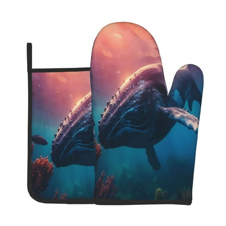 

KLL Sunshine Ocean Whale Pattern Oven Mitts and Pot Holders 2pcs Sets for Kitchen Oven Mitt Heat Resistant 536°F Oven Gloves for Kitchen Cooking and Baking