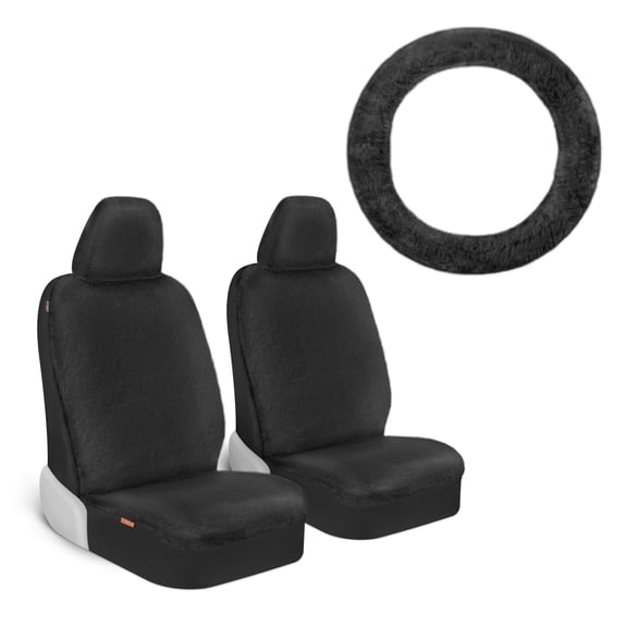 Carbella Sheepskin Car Seat Covers and Steering Wheel Cover, Faux Fur Car Seat Covers, Cute Automotive Front Seat Covers For Cars for Women Men Unisex (Black)