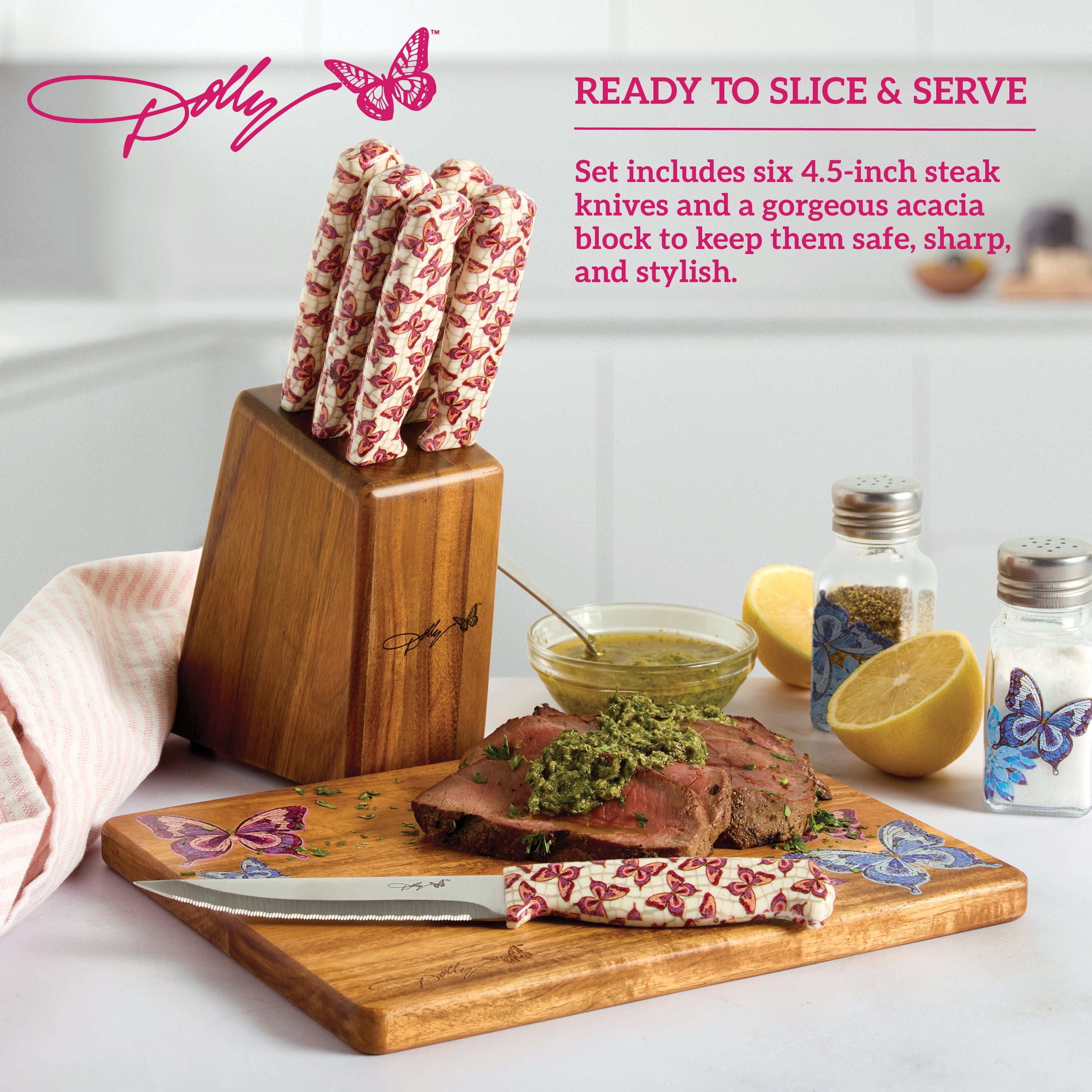 Dolly Parton 7-Piece Steak Knife Set with Pink Handles and Acacia Block for Storage