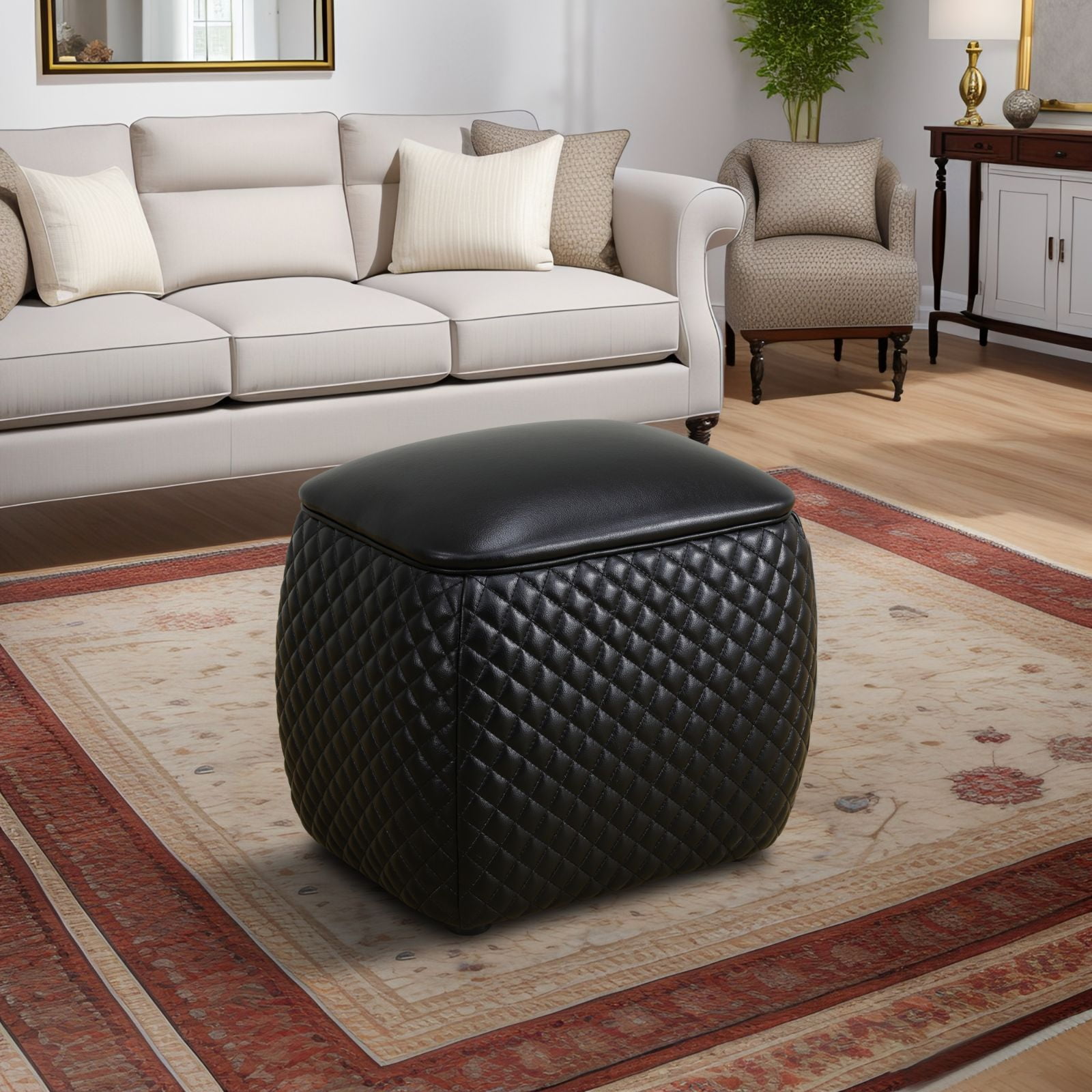 Leather Ottoman Foot Rest Bench Square Foot Stools&nbsp;Living Room Storage Ottoman&nbsp;for Bedroom and Dorm,Black
