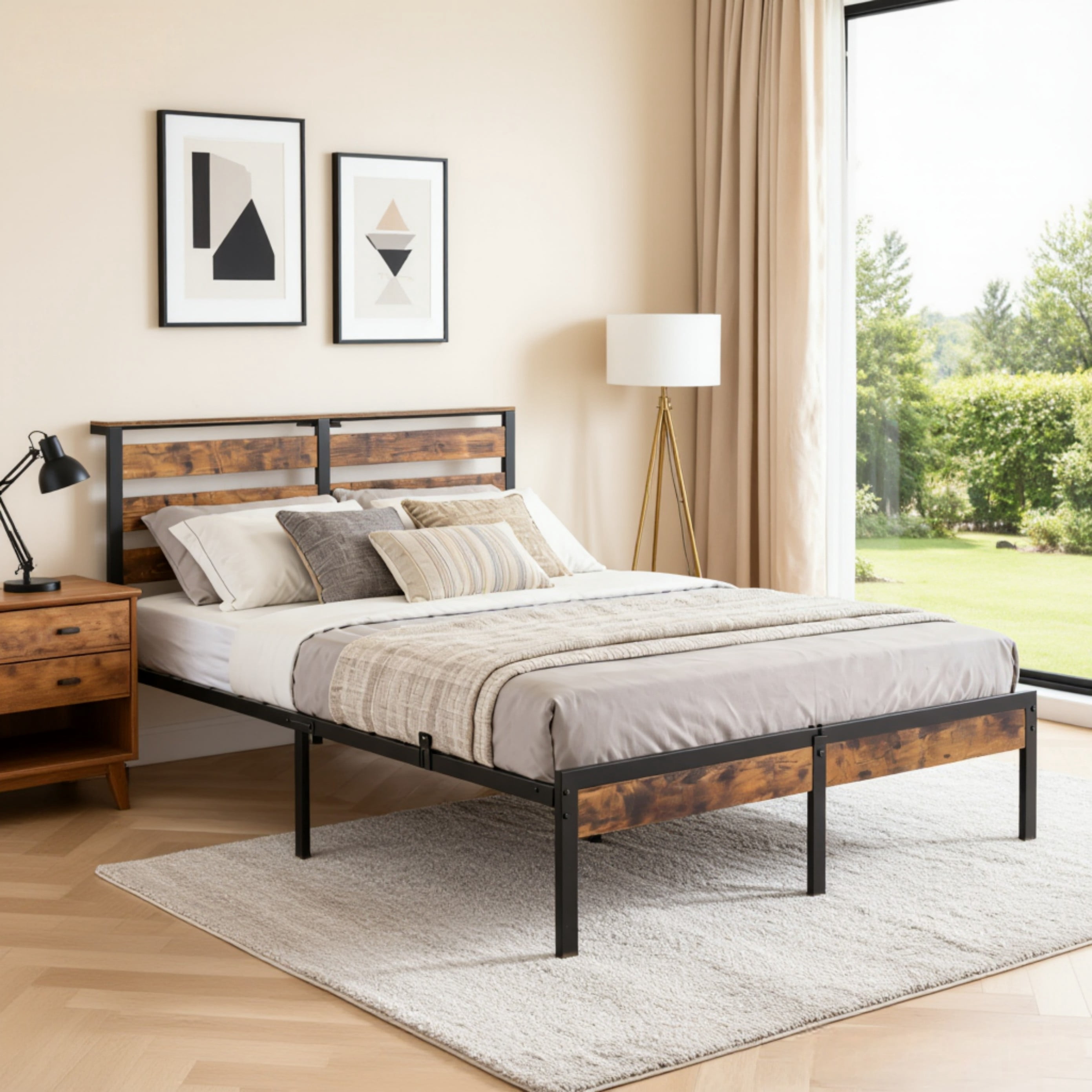 BSHTI Queen Size LED Bed Frame with Metal Frame, RGB Lights & Storage Headboard, No Box Spring Needed, Under-Bed Storage, for Bedroom, Dorm, or Guest Room, Rustic Brown