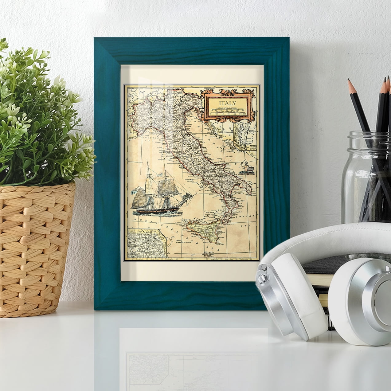 Italy Map -Framed Print w/glass-Ocean Blue