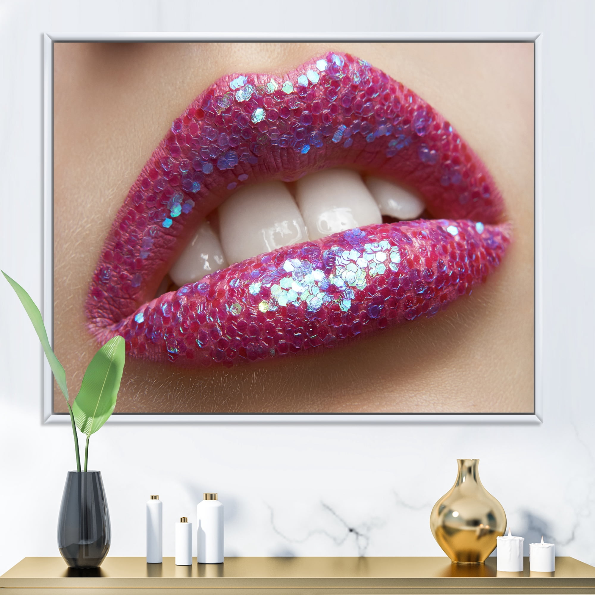 Girl Lips Pink Lipstick and Sequins 20 in x 12 in Framed Painting Canvas Art Print, by Designart