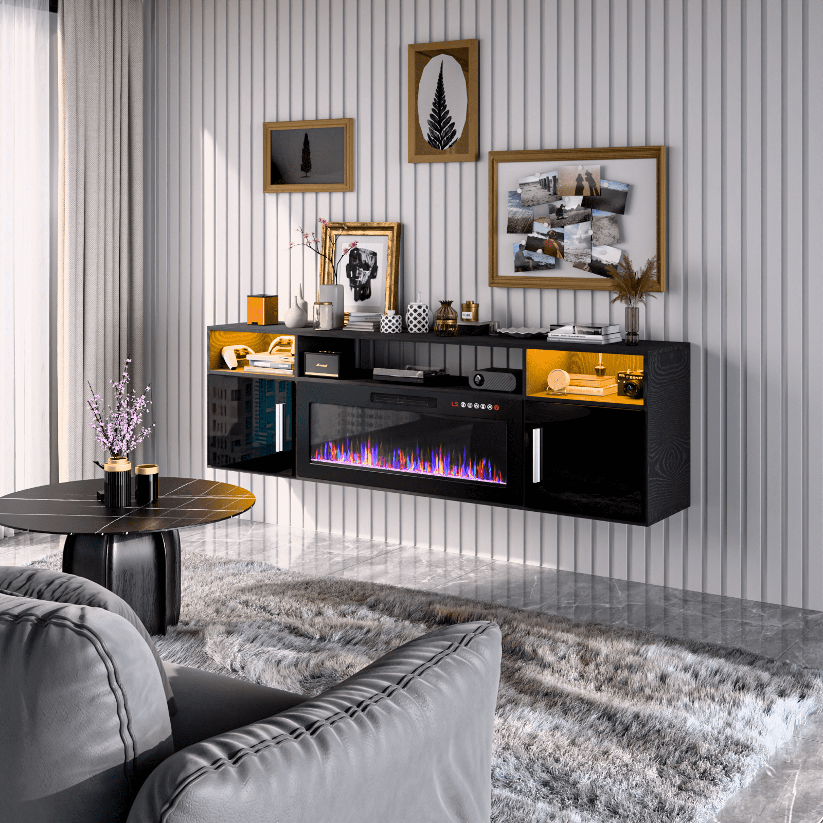 Waleaf 70'' Floating TV Stand with 36'' Electric Fireplace, Entertainment Center with Adjustable Shelves, Floating TV Console for Living Room,Black
