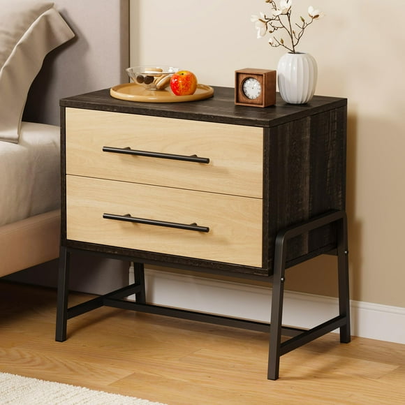 Yeshouse Mesa de noche de madera clara con cajones, patas metálicas, estilo moderno para dormitorio o sala