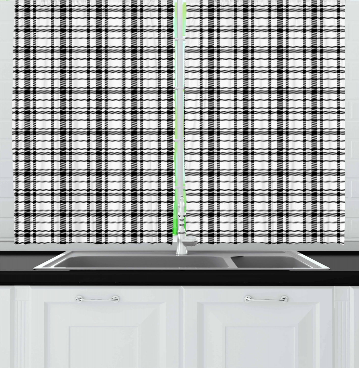 Plaid Curtains 2 Panels Set, Black and White Tartan Pattern Graphic Grid Art Design with Traditional Influences, Window Drapes for Living Room Bedroom, 55W X 39L Inches, Black White, by Ambesonne