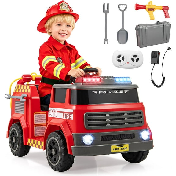 OLAKIDS 12V Ride on Fire Truck with Water Gun, Tank, Megaphone, Siren, Alarm Lamps, Shovel, Music, Remote Control, Aged 3  Years