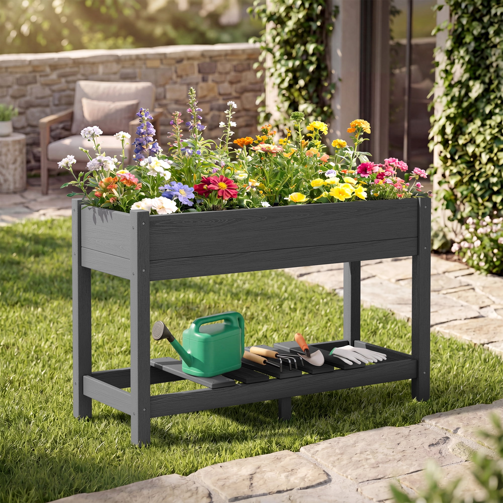 SERWALL HDPE Raised Garden Bed with Legs, 43"x16"x30" Elevated Planter Box, Outdoor Planter for Vegetables Flowers, Gray