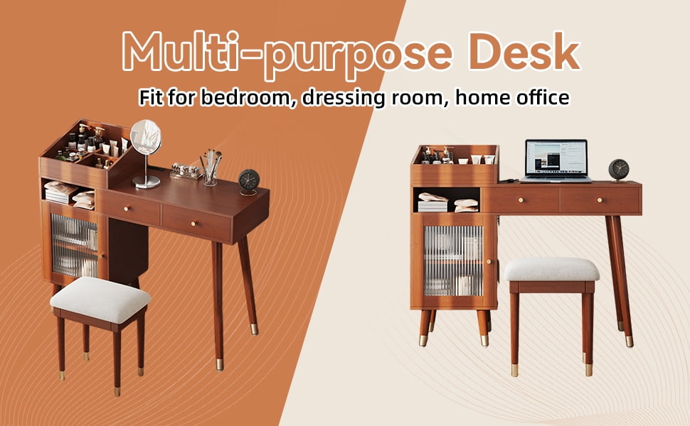 Modern Makeup Vanity Desk with Drawers, Cabinet & Charging Port, Space-saving Dressing Table Set with Stool for Small Places, Walnut