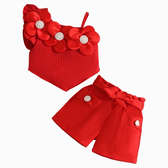 KPOPLK Toddler Girls Summer Clothes Outfits Set Ruffle Camisole Strap Print Tops and Casual Ruffle Hem Shorts Girls Clothing 2pcs for 12 Months to 5 Years(2-3 Years,Red)