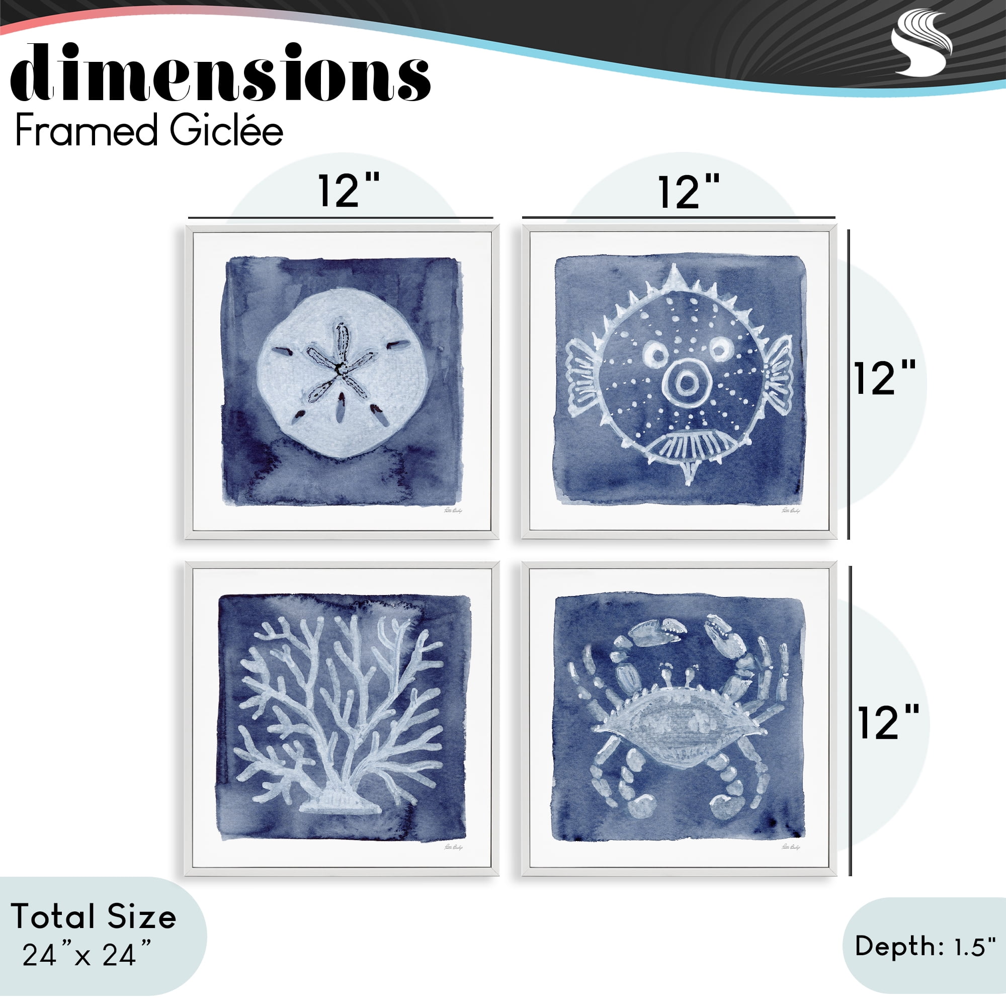 Stupell Industries Aquatic Creatures on Indigo 4 Piece White Framed Giclee Art Set, design by Patti Bishop