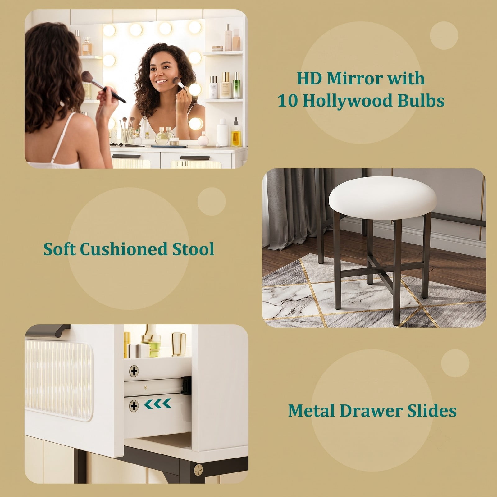 Furnibear Makeup Vanity Desk with Hollywood Mirror and 10 Lights Padded Stool Built-In Charging Station for Bedroom, White