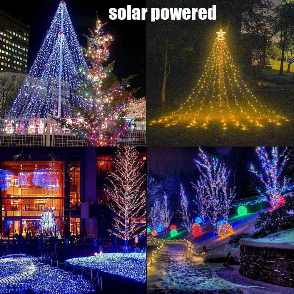 LED Star Waterfall Solar Light Christmas Tree 11ft 350 LED Fairy String Lights with Remote Control Outdoor Waterproof Holiday Decoration Solar Powered Christmas Tree Lights for Yard, Garden, Patio