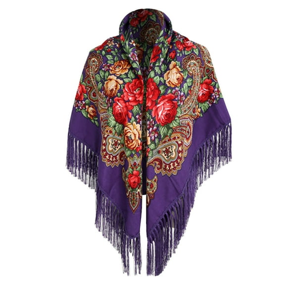 Edvintorg Russian Babushka Women's Scarf Shawl Wrap Oversized Traditional Retro Ukraine Style Printed Tassels Scarfs Purple