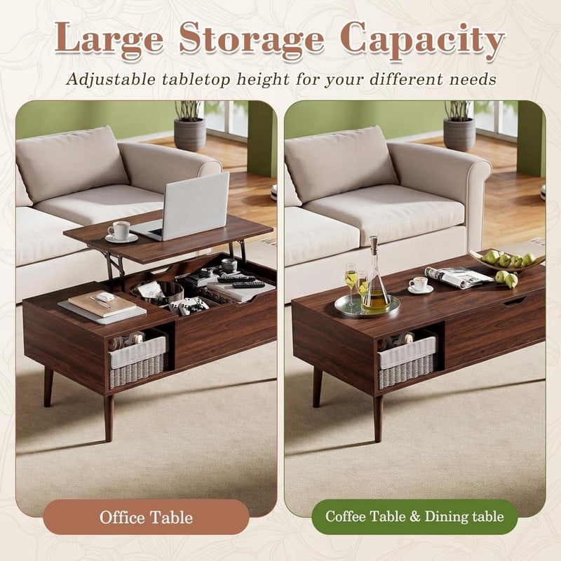 Kelno Lift Top Coffee Table with Hidden Storage Adjustable Height Wood Center Table with Open Side Shelves for Living Room, Dark Brown
