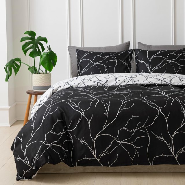 Reversible Duvet Cover Queen Tree Branch Pattern Queen Duvet Cover Set pc Soft Microfiber Breathable Botanical Bedding Sets with Zipper Ties