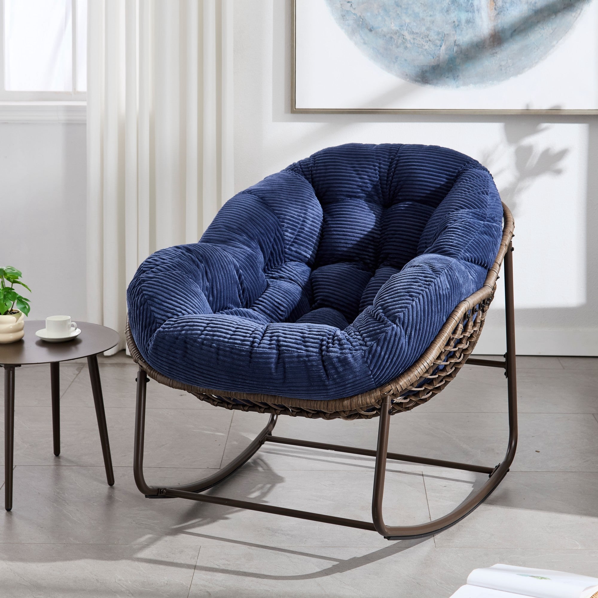Sailvan Outdoor Rattan Rocking Chair,Oversized Wicker Egg Chair for Patio,Front Porch and Living Room Navy Blue