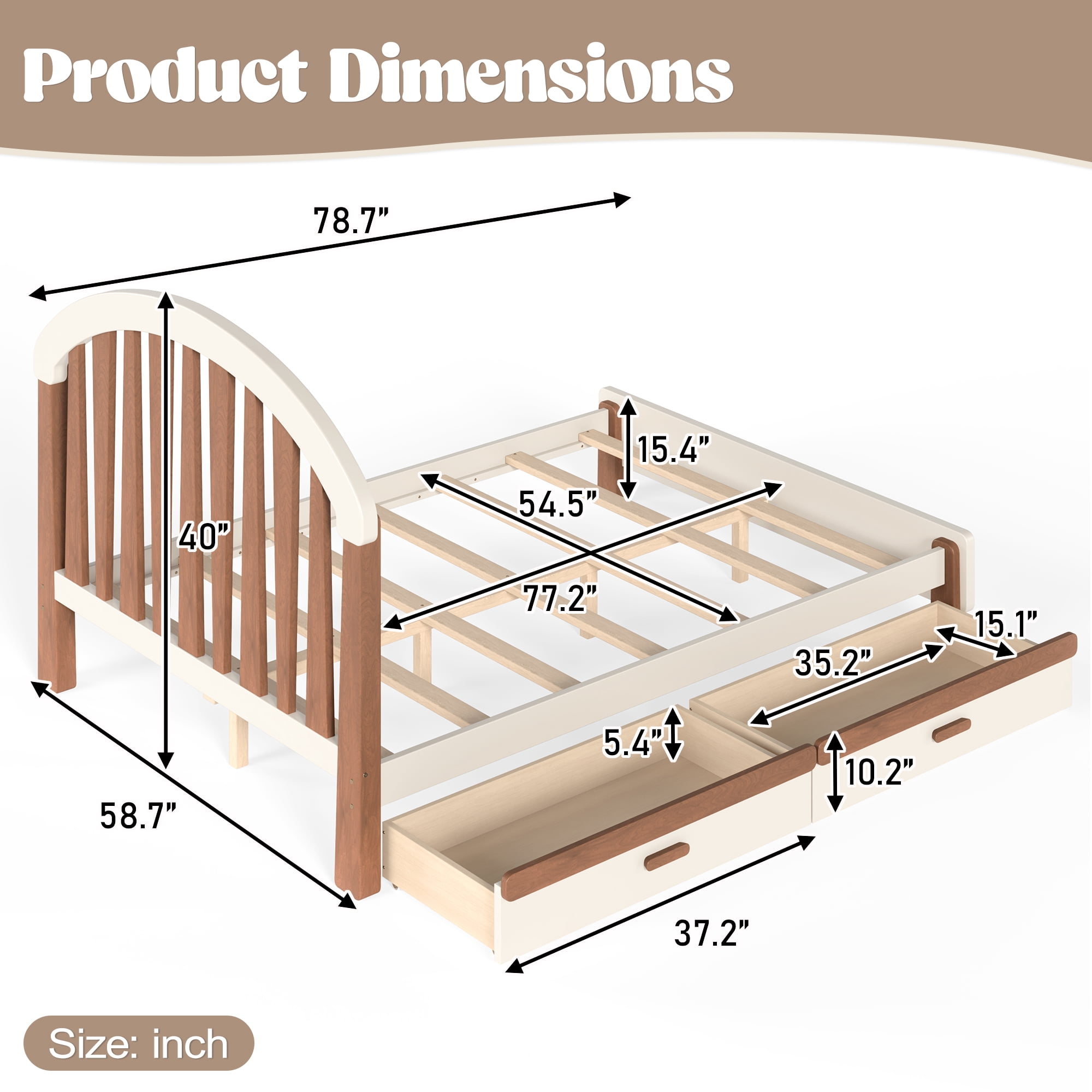 Mintazer Kids Full Size Platform Bed Frame with 2 Storage Drawers & Curved Round Headboard, No Box Spring Needed, Brown & Beige