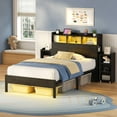 thumbnail image 1 of Greenstell Twin Bed Frame with Storage Cabinet and Headboard, Wood Bed with LED Light, Bedframe with Charging Station, Black, 1 of 8