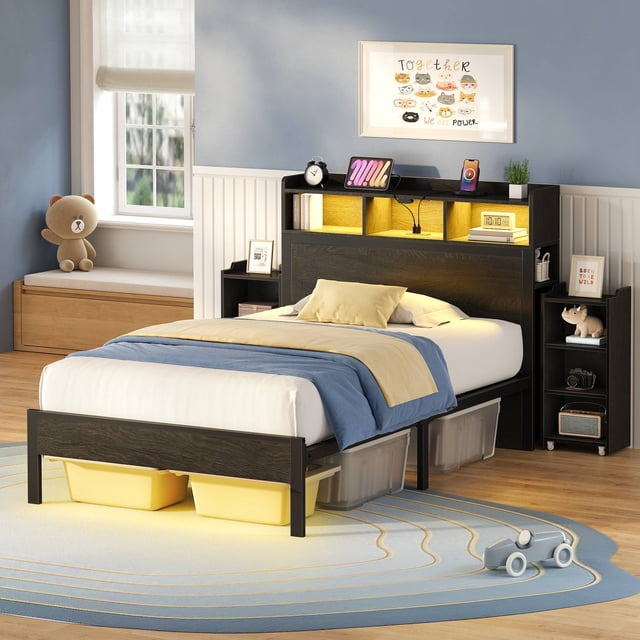 Greenstell Twin Bed Frame with Storage Cabinet and Headboard, Wood Bed with LED Light, Bedframe with Charging Station, Black