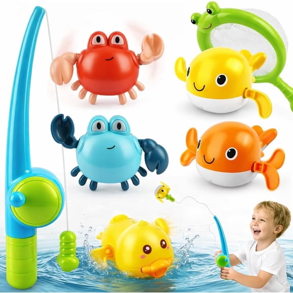 Bath Toys for Toddlers 1-3, Magnetic Fishing Pool Toys Game with Mold Free Wind Up Bath Toys for Kids & Toy Fishing Pole & Fishing Net, Water Table Pool Fun Bathtub Toys for Baby Infant