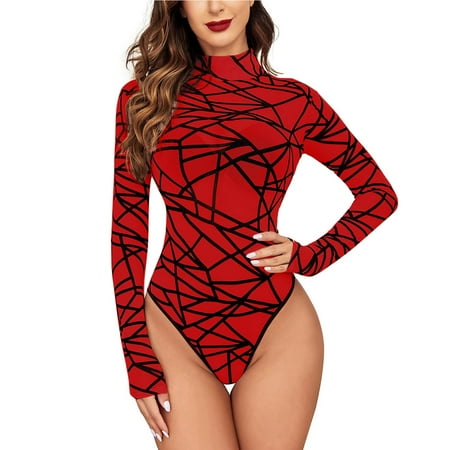 

dmqupv Petite Rompers for Juniors Women Mesh Bodysuit Long Sleeve Tops Jumpsuit Leotard off One Shoulder Tops for Women Red Small