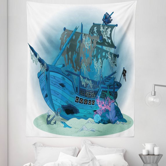 Pirate Ship Tapestry, Sunken Old Wrecked Buccaneer Vessel Antique Aquatic Underwater View, Fabric Wall Hanging Decor for Bedroom Living Room Dorm, 5 Sizes, Blue Almond Green Pink, by Ambesonne