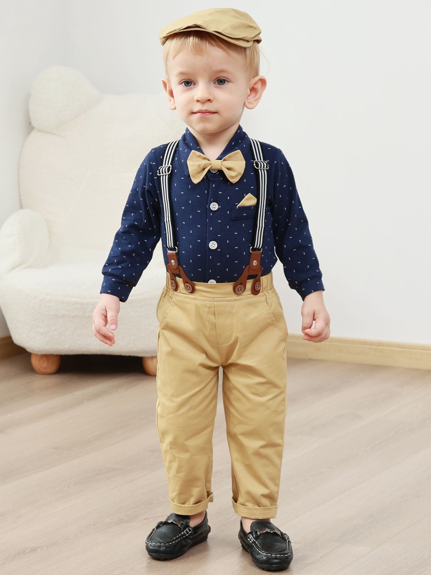CARETOO Toddler Baby Boy Clothes 3-24 Months Outfit Formal Dress Shirt Suspender Pants Beret Hat Bow Tie 4pcs