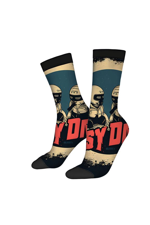 Unisex Trendy Socks (2 Pairs) - Stylish Starry Sky Design with Helmeted Figures Bold ' My ' Text Perfect for All Seasons