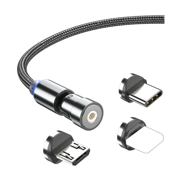 Câble de Charge Magnétique 3-en-1, Câble de Charge en Nylon Tressé avec Lumière LED, Compatible avec Appareils iOS/Micro USB/Type-C, Noir, 6.6 Pieds