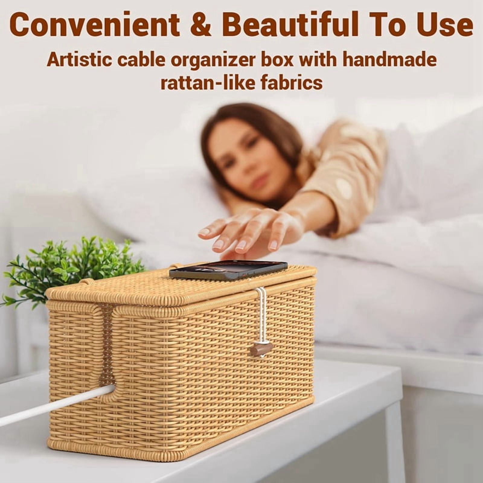 Cable Management Box, Power Strip Organizer with Locked Cover,Handmade Rattan Cable Organizer Cords Hider,Cord Organizer